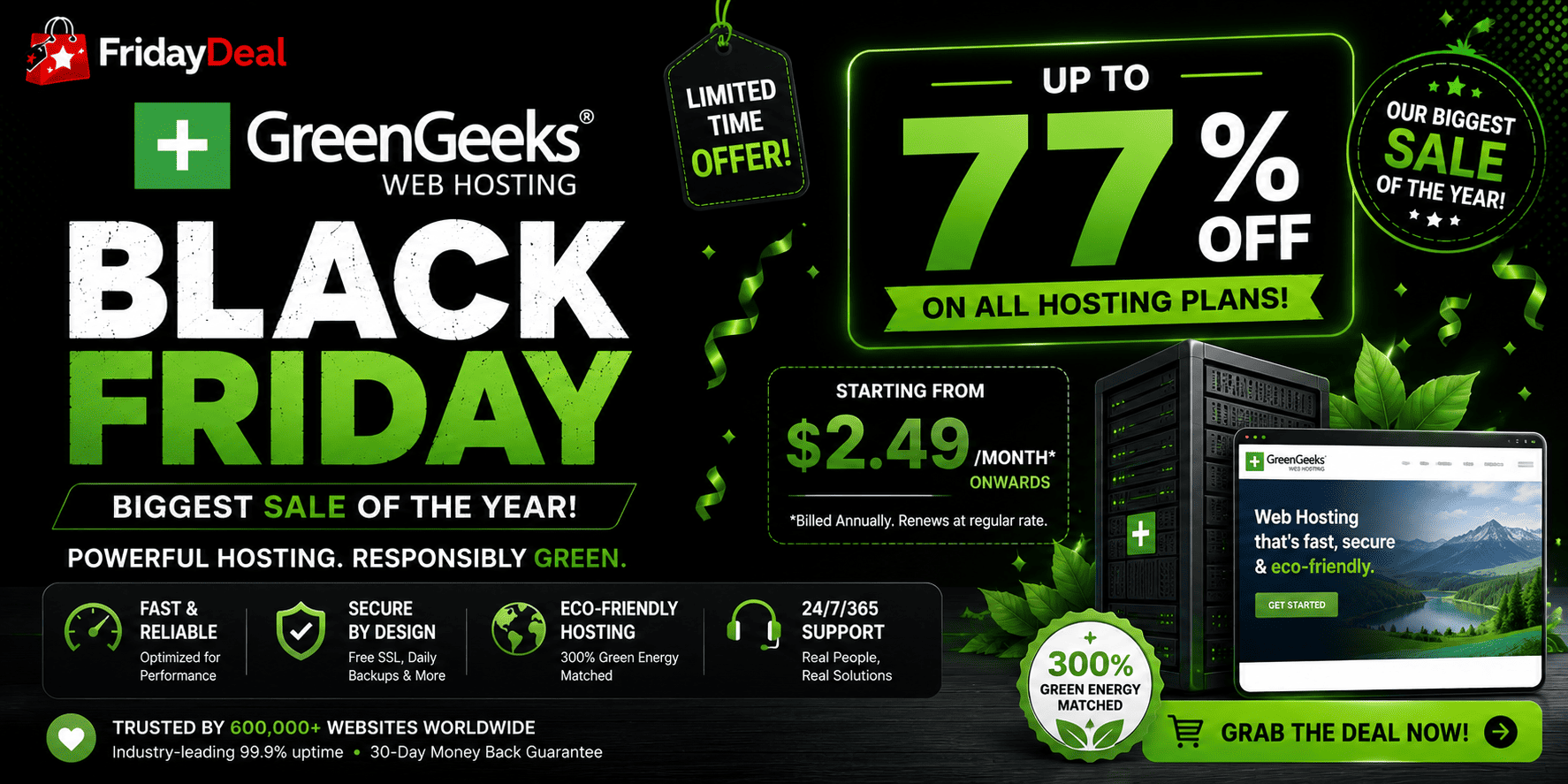 Greengeeks Black Friday Sale 2026 – Upto 77% Discount, $2.49/Mo.!